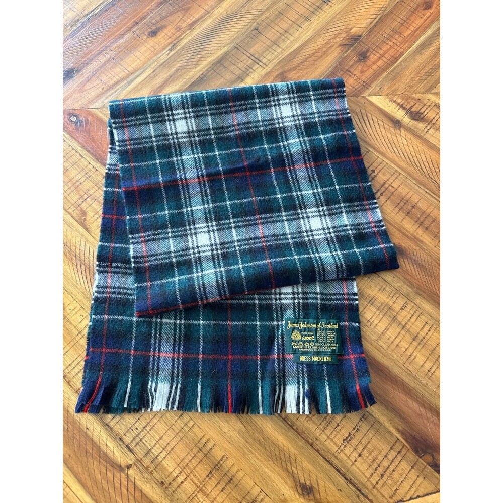 Vintage James Johnston Scotland Dress Mackenzie Tartan Wool Scarf Green White 56